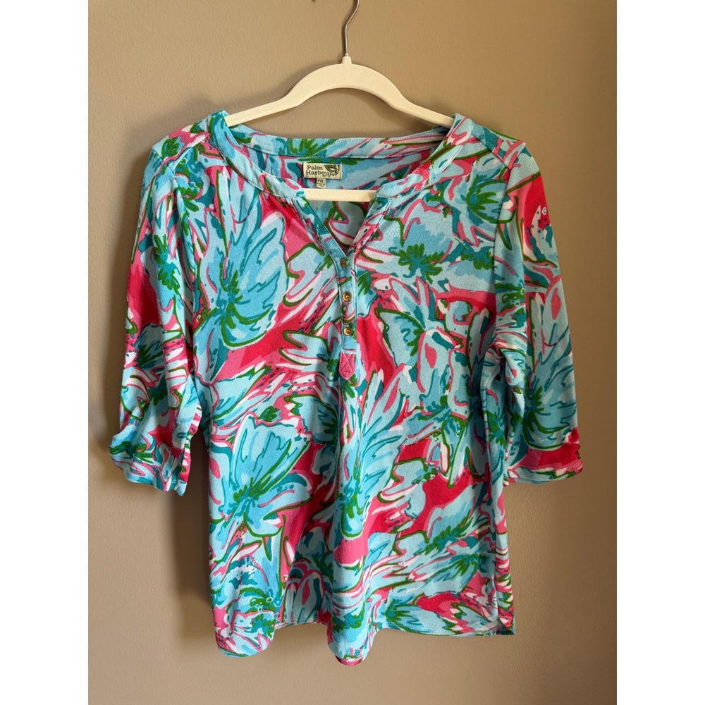 Palm Harbour Floral Print Henley Shirt Petite XL Tropical